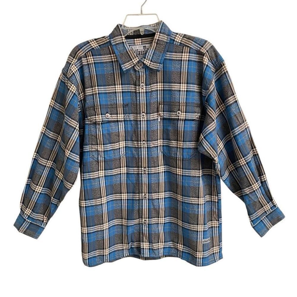 Levi's Silver Tab Y2K blue plaid button up shirt boys L 1618 metal buttons‎